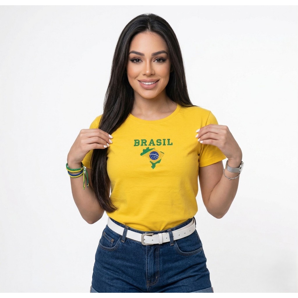 T-Shirt Premium Bordada Brasil 🇧🇷 Feminina 100% Algodão Conforto + Estilo Premium