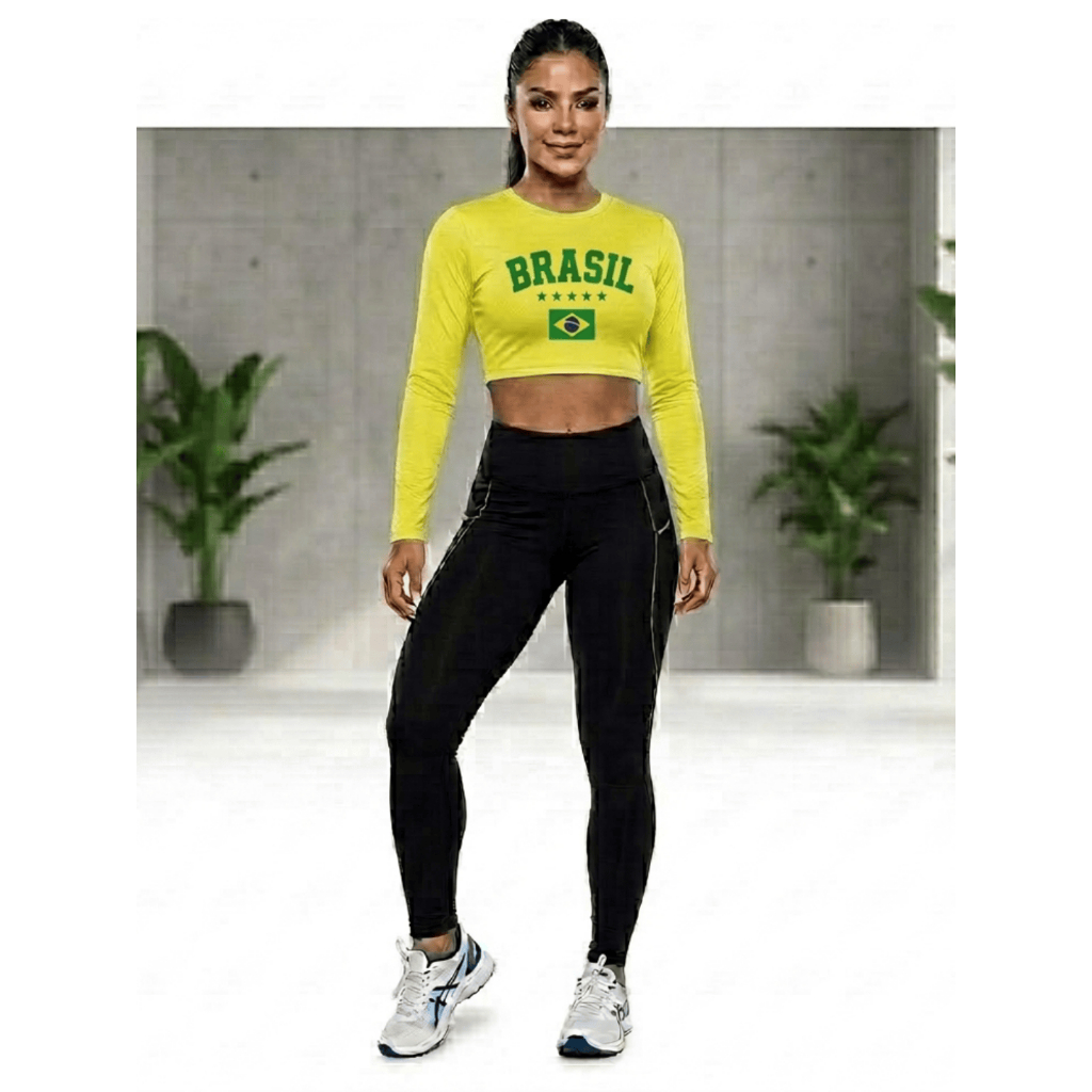 Cropped Brasil Feminino Manga Longa  Fitness Academia Top Esportivo Elastano Confortável Secagem Rápida Azul Leve Fit