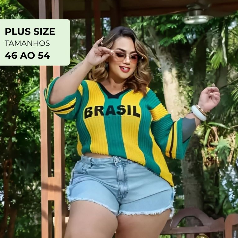 Blusa Camiseta Do Brasil Feminina Plus Size Estilo Oversized - Tricô Manga 3/4 Para Copa 2026 Conforto Premium 46 ao 54