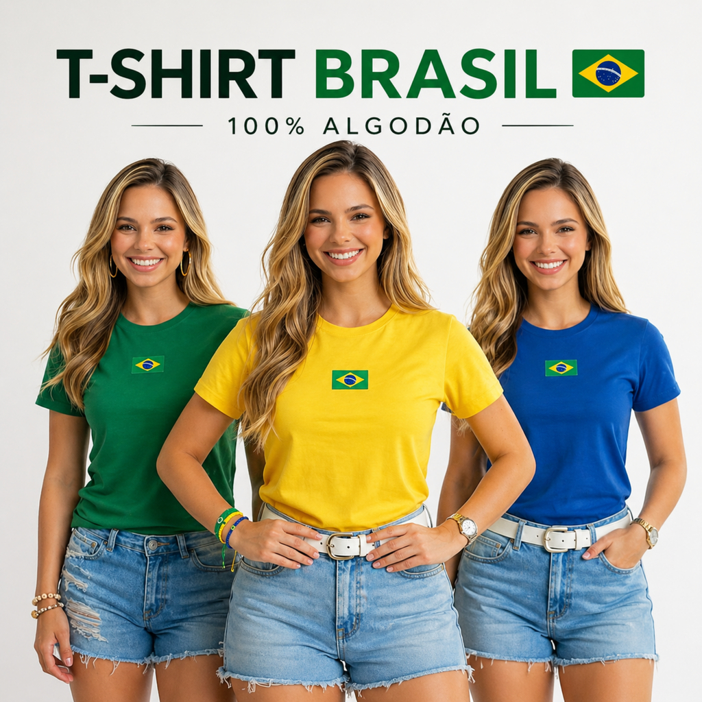 Camiseta Brasil Bordada Copa 2026 🇧🇷 100% Algodão Fio 30.1 Premium Feminina Verde Amarela Azul