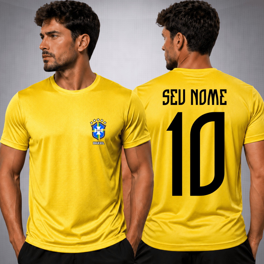 Camiseta Masculina Esportiva Dry Fit Brasil Com Seu Nome Personalizado Camisa DryFit Futebol