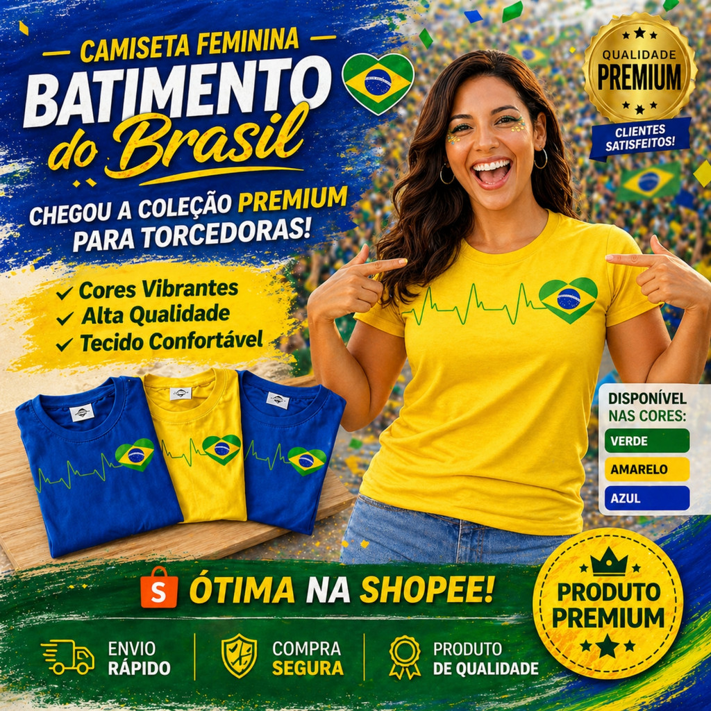 Camiseta Feminina Brasil Bate Coração 100% Algodão Camisa Copa Estilosa Premium Futebol
