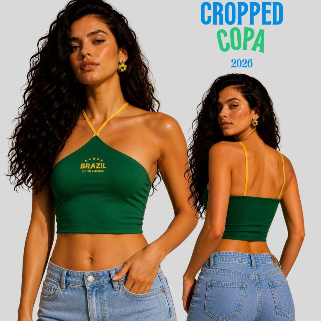 Blusa Cropped Brasil Feminino Copa 2026 Suplex Estampa Brasil Alça Fina - Decote Triangulo