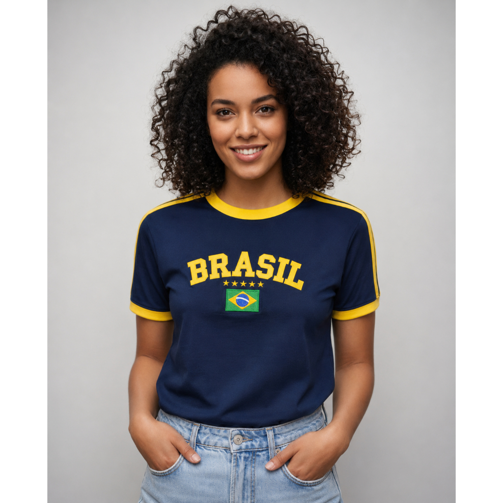 Camisa Feminina Brasil Bordada – Modelo Regular, Look Casual, bandeira