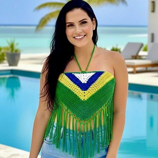 Top Brasil em Franjas Artesanal Crochê Copa 2026 Moda Verão