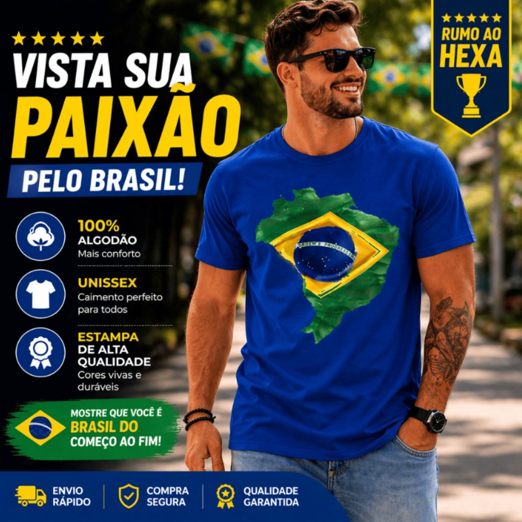 Camiseta Bandeira  Brasil Masculina 100% Algodão Estampada  Copa Unissex Torcida #Hexa