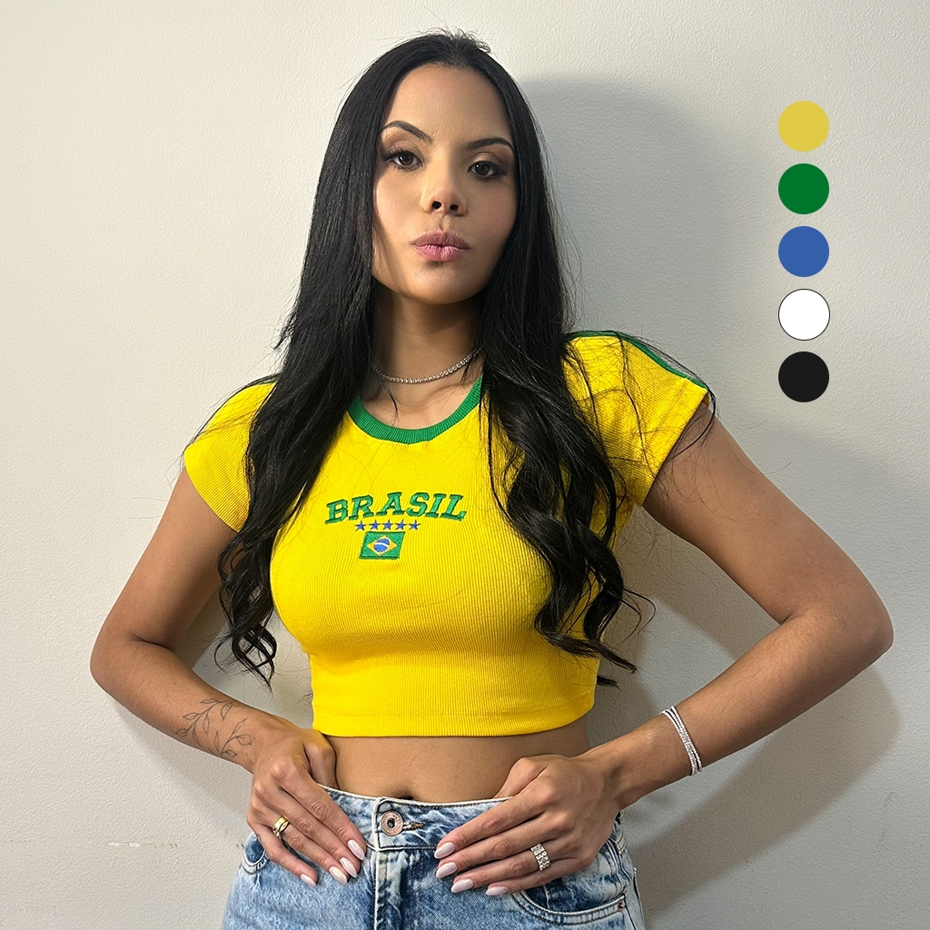 Cropped Brasil Feminino Baby Tee Canelado Bordado Verde Amarelo Look Copa Tendência Virginia