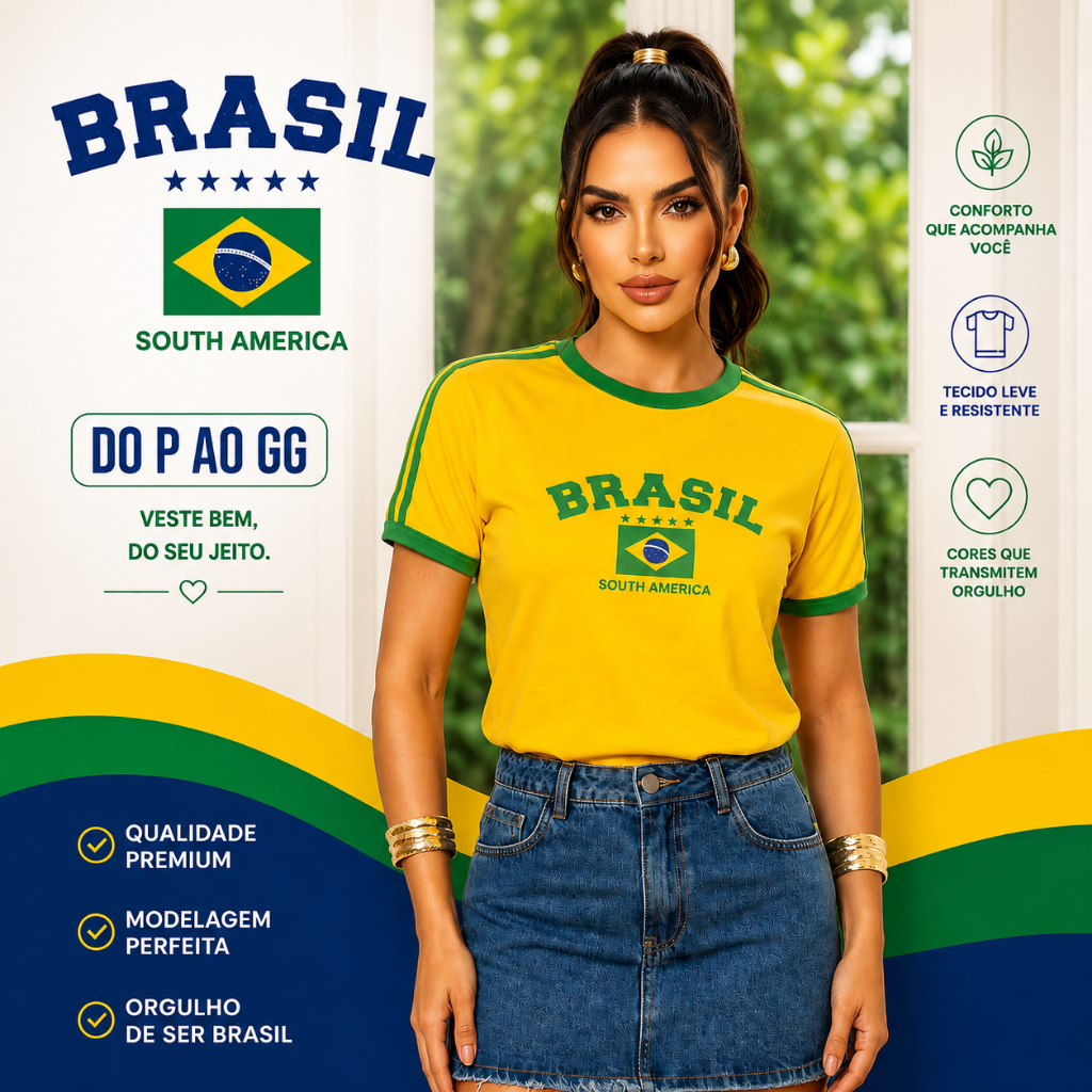 Camiseta Baby Look Brasil Feminina 🇧🇷 100% Algodão Camisa Copa Manga Curta Confortável P ao GG