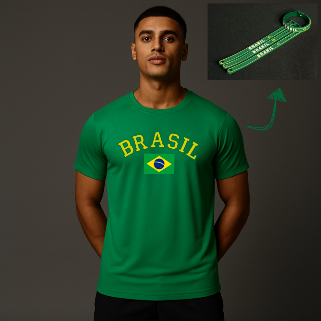 Camiseta Dry Fit Brasil Torcida Unissex + Pulseira Silicone Brasil Copa Do Mundo 2026
