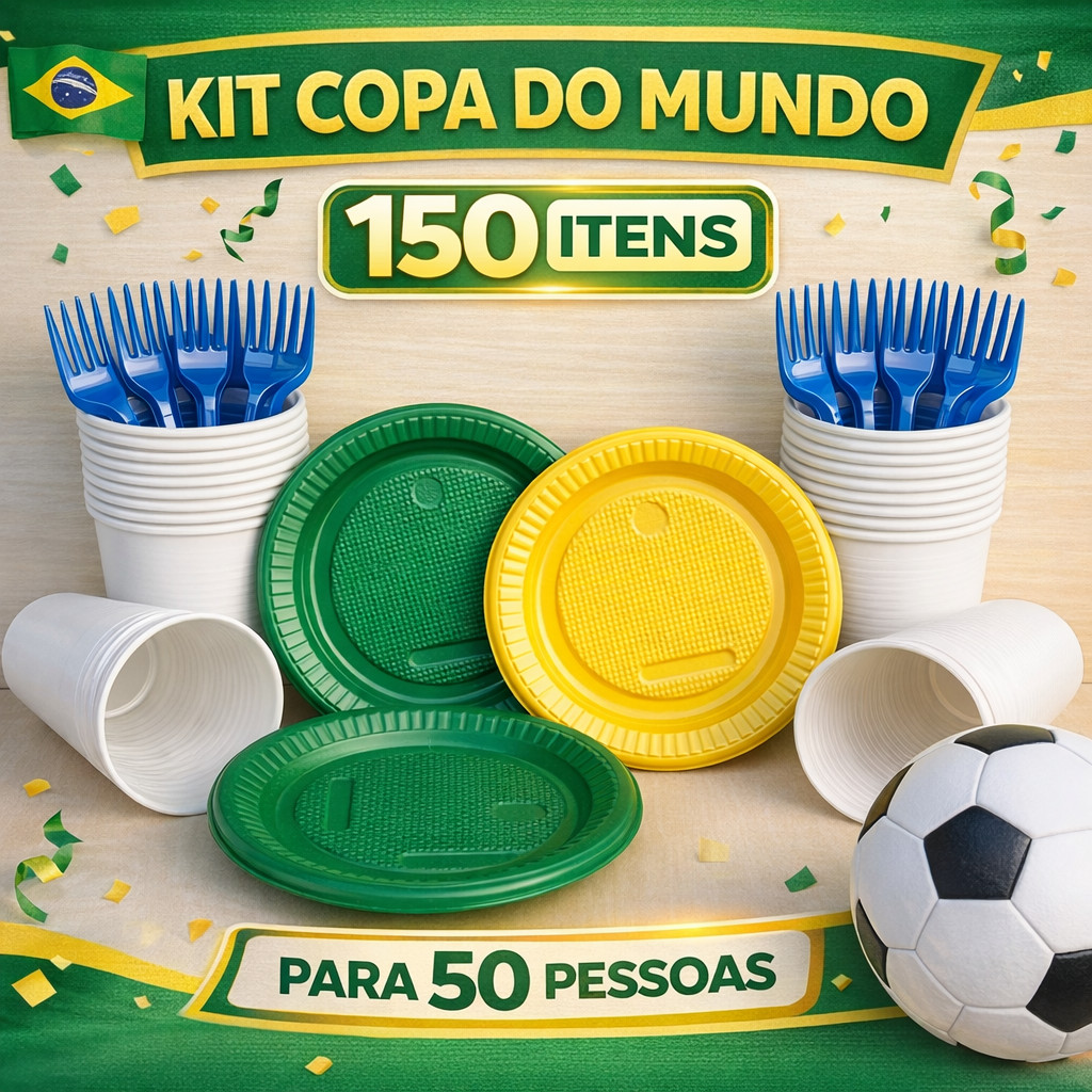 Kit Descartáveis para 50 Pessoas 150 Itens - Copa do Mundo