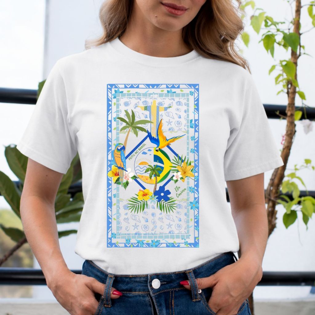 Camiseta Feminina Brasil Tropical T-shirt Vintage Araras Ilustração Blusa 100% Algodão