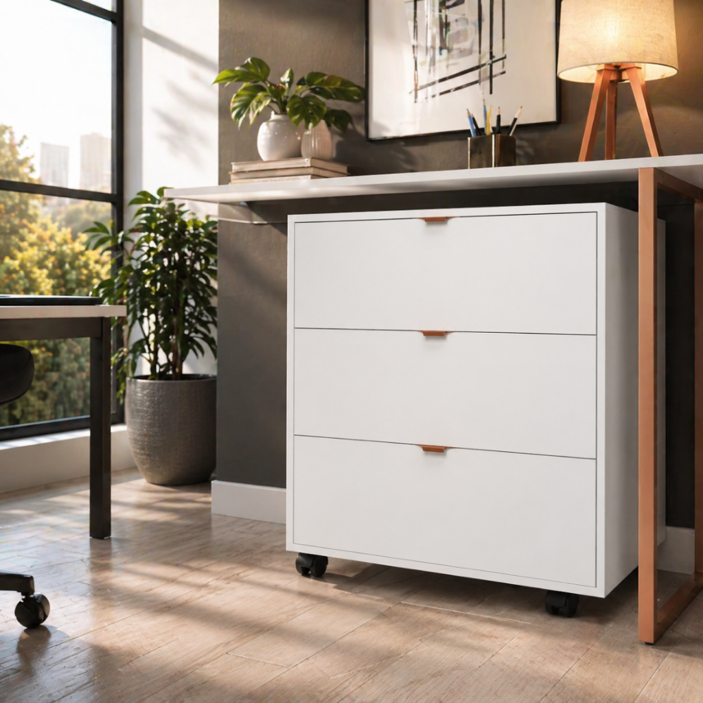 Gaveteiro Multiuso 3 Gavetas Com Rodinhas Industrial – Cômoda Compacta e Mesa de Cabeceira Para Quarto e Escritório
