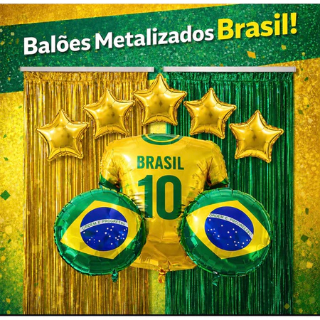 Kit Copa do Mundo – 2 Cortinas Metalizada Verde e Dourada + 2 Balões Bola Futebol + 5 estrelas + 1 Balão Camisa Brasil