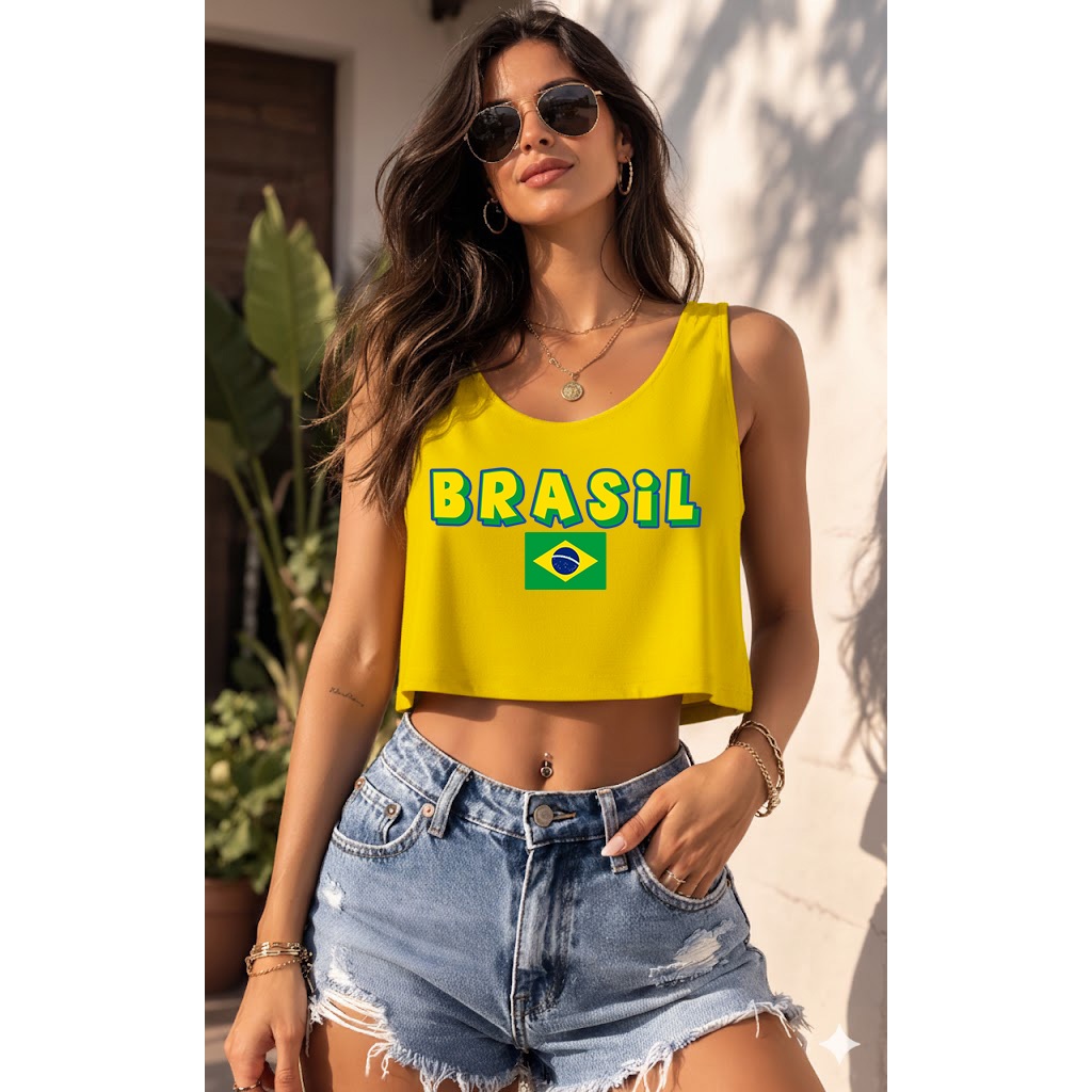 Cropped Feminino Estampa Brasil Patriota Academia Moda Fitness Casual