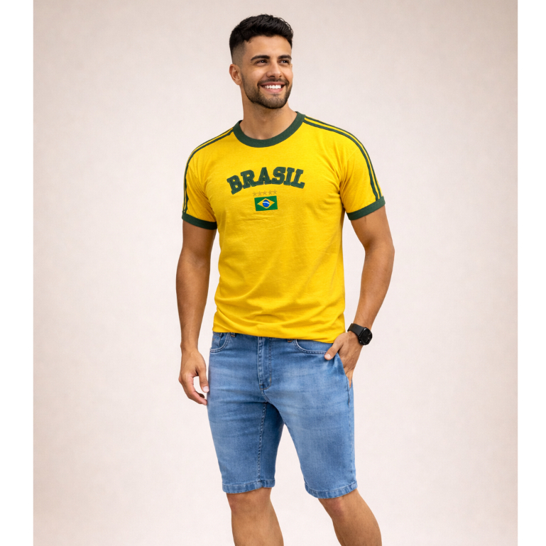 Camisa Bandeira do Brasil Bordada Torcedor Premium de Algodão