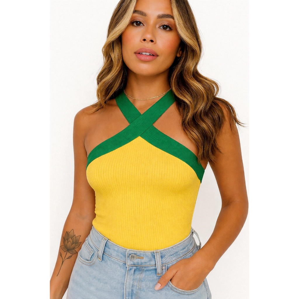 Body Frente Cruzada Cores do Brasil Moda Feminina Verde e Amarelo copa do Brasil