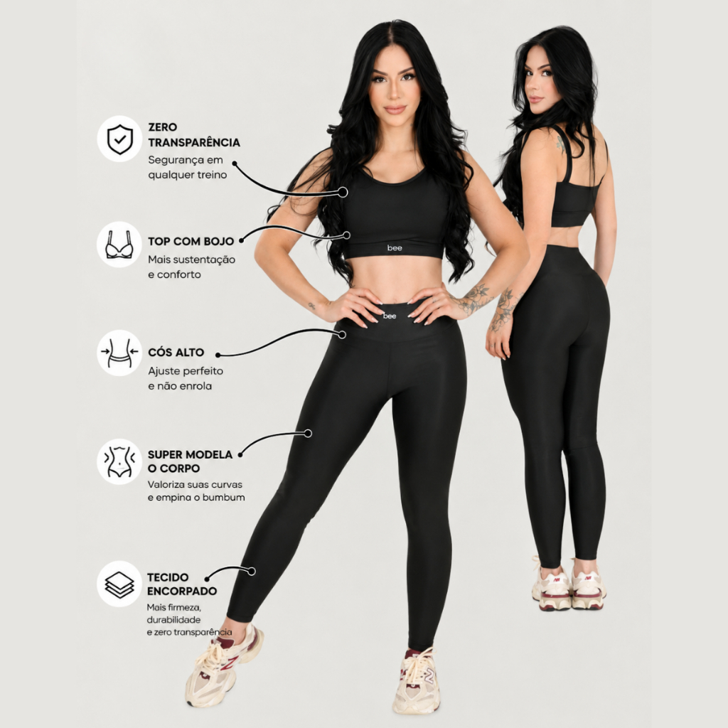 Conjunto Roupa de Academia Calça Legging Cós Alto Top Feminino Treinar Treino Fitness Feminino Bee