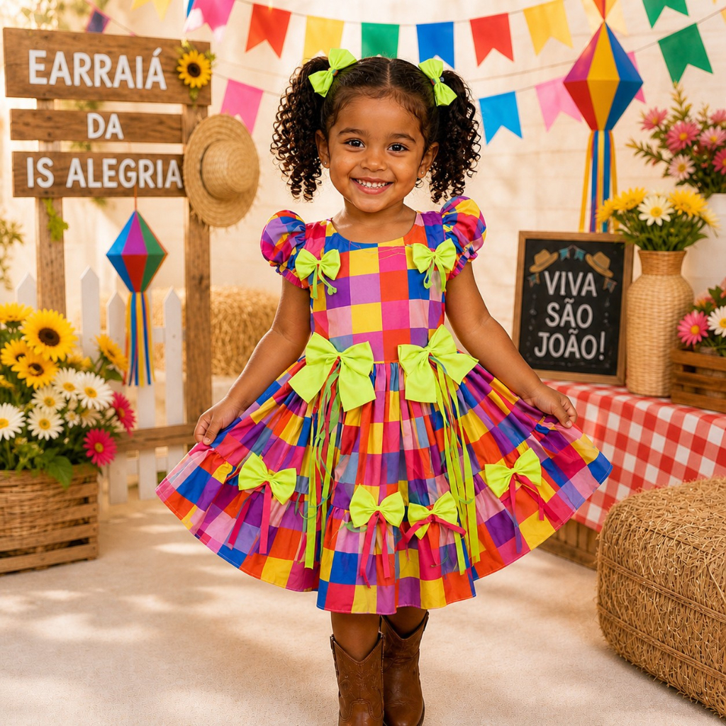 Vestido Festa Junina Infantil Xadrez Com Laços Rodado 2 ao 10 - PB