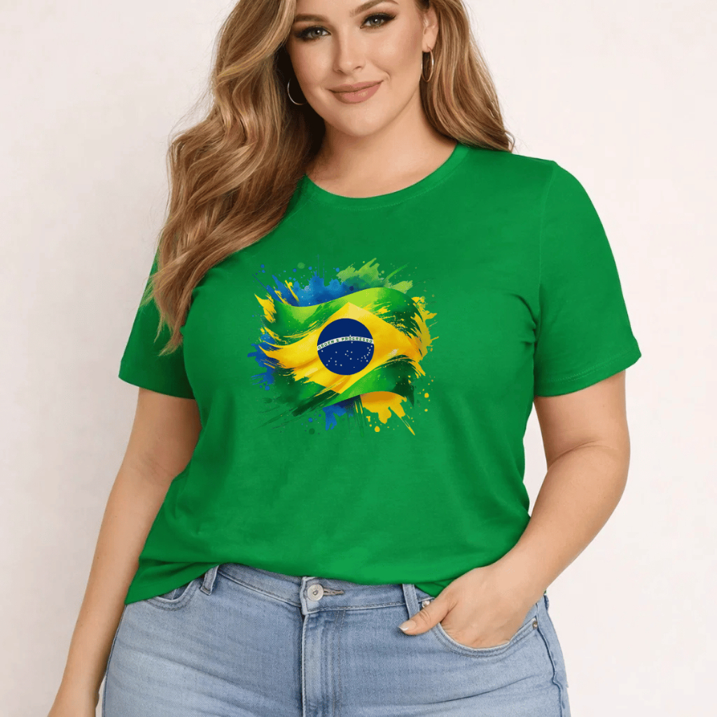 Camiseta Plus Size Feminina Estampada Bandeira Brasil Copa 100% Algodão Premium Verão Academia Treino Blusa Brasileiro