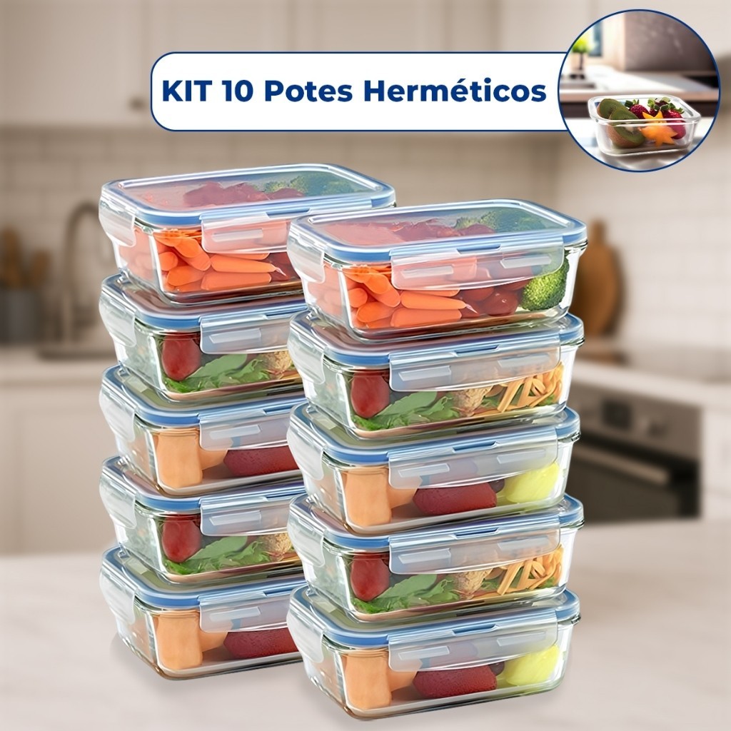 Kit 10 ou 5 Pote de Vidro 640ml Hermético Retangular 4 Travas Marmita Microondas