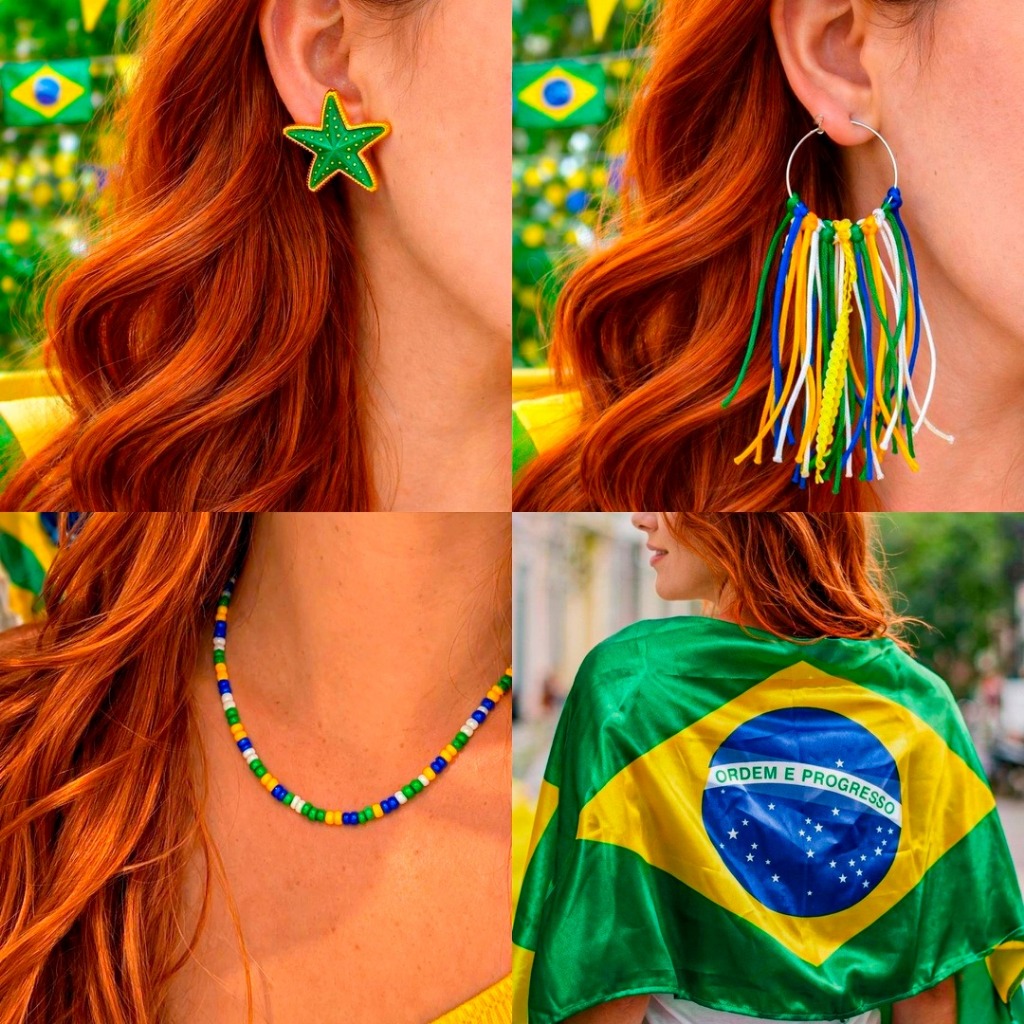 Kit Torcedor Acessório do Brasil Copa do mundo Brinco Franja Paetê Brasil Chocker do Brasil Bandeira