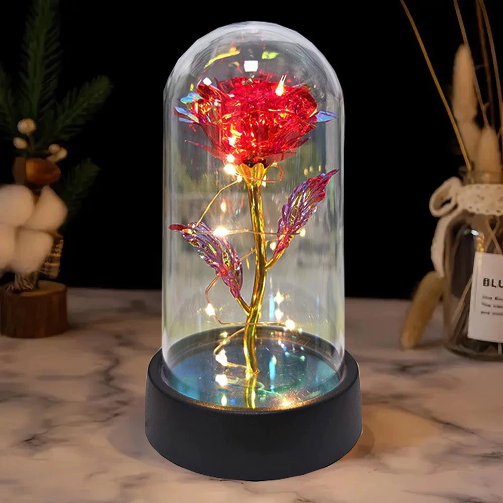 Natal Presente Rosa Encantada com Iluminação LED – Rosa Eterna em Terrário-Presente para o Dia das Mães / Dia dos Namor